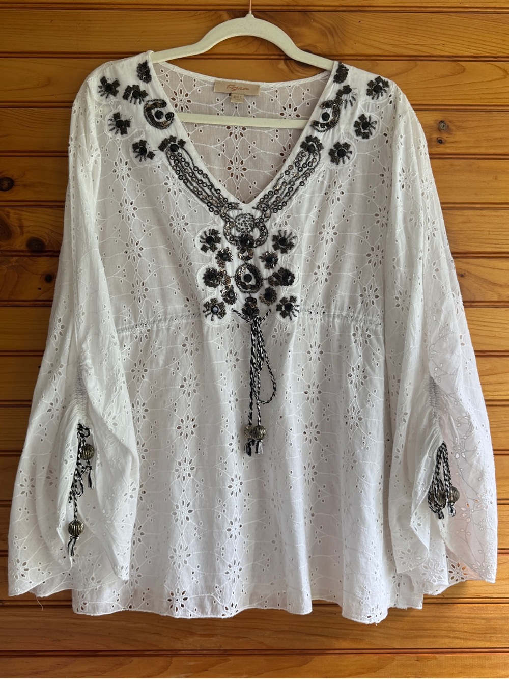Kyra Beaded Eyelet Peasant Blouse L Boho Festival Cottagecore Resort Cotton